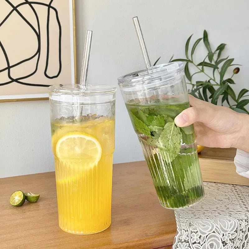 Transparent Stripe Glass Cup – 600 ml, With Lid & Straw, For Coffee, Juice, Milk, or Tea