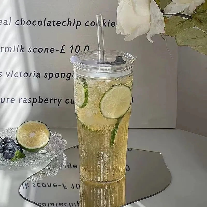 Transparent Stripe Glass Cup – 600 ml, With Lid & Straw, For Coffee, Juice, Milk, or Tea