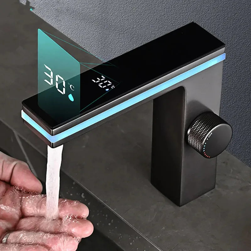 LED Bathroom Faucet — Digital Display, Brass Deck-Mounted Hot & Cold Mixer Tap.