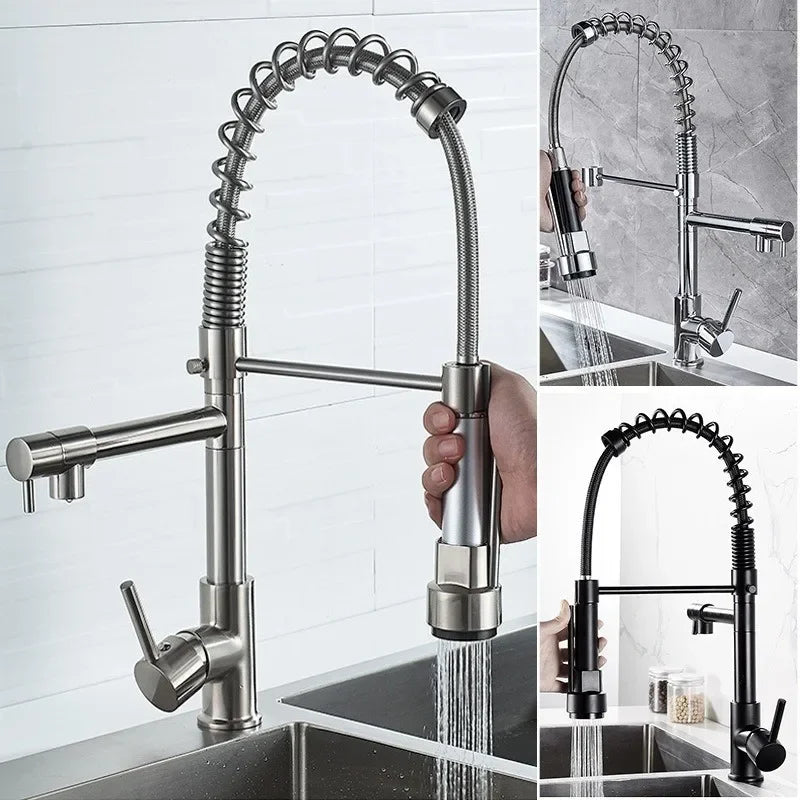 Touchless gold kitchen faucet with pull-out sprayer.