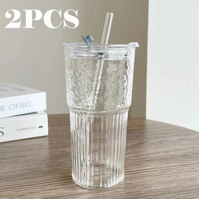 Transparent Stripe Glass Cup – 600 ml, With Lid & Straw, For Coffee, Juice, Milk, or Tea