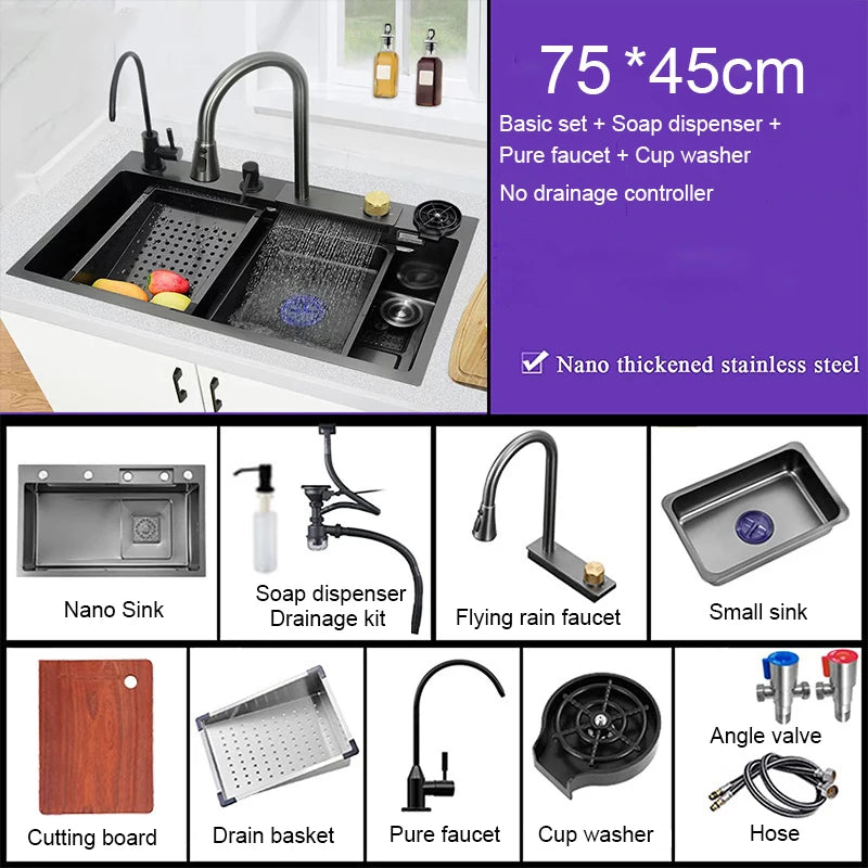 Multifunction Kitchen Faucet Set — Black Nano Waterfall Tap with Soap Dispenser, Stainless Steel