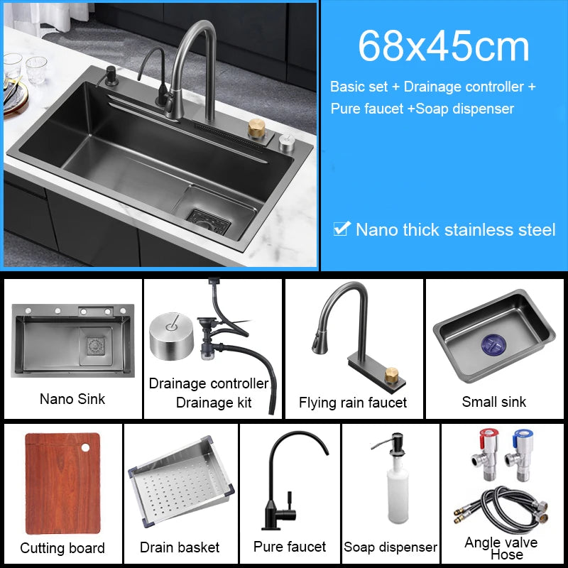 Multifunction Kitchen Faucet Set — Black Nano Waterfall Tap with Soap Dispenser, Stainless Steel