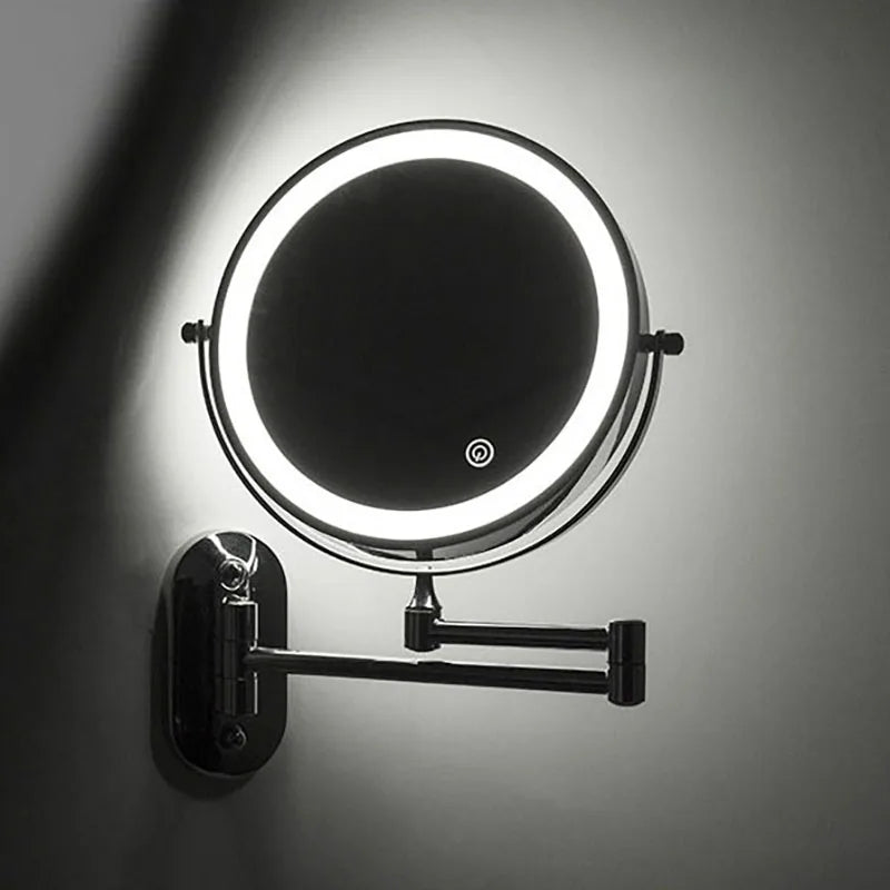 Folding Wall Makeup Mirror — Gold LED Double-Sided with Magnifying & USB Charging.