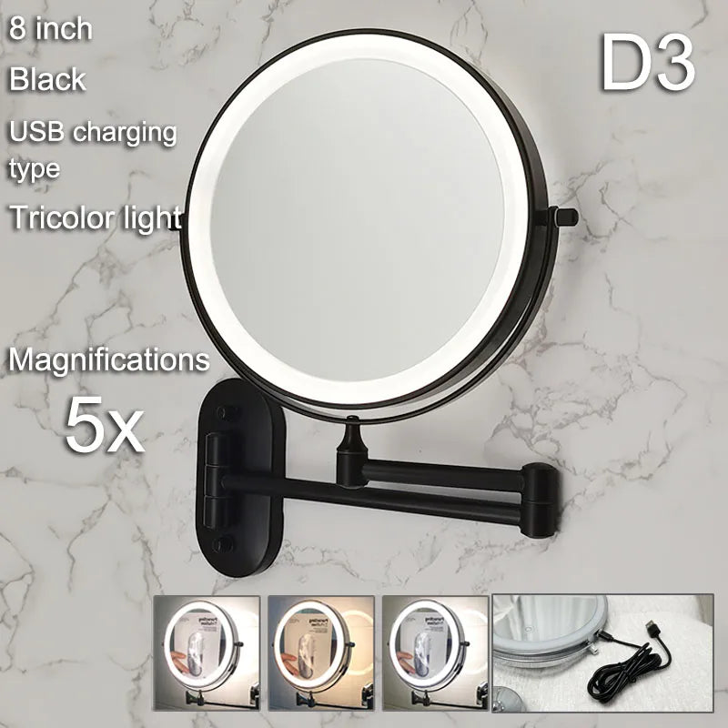 Folding Wall Makeup Mirror — Gold LED Double-Sided with Magnifying & USB Charging.