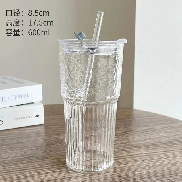 Transparent Stripe Glass Cup – 600 ml, With Lid & Straw, For Coffee, Juice, Milk, or Tea