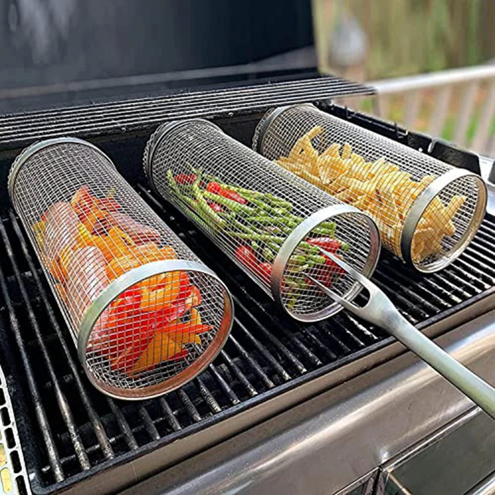 Round BBQ Grill Basket – Portable & Rolling