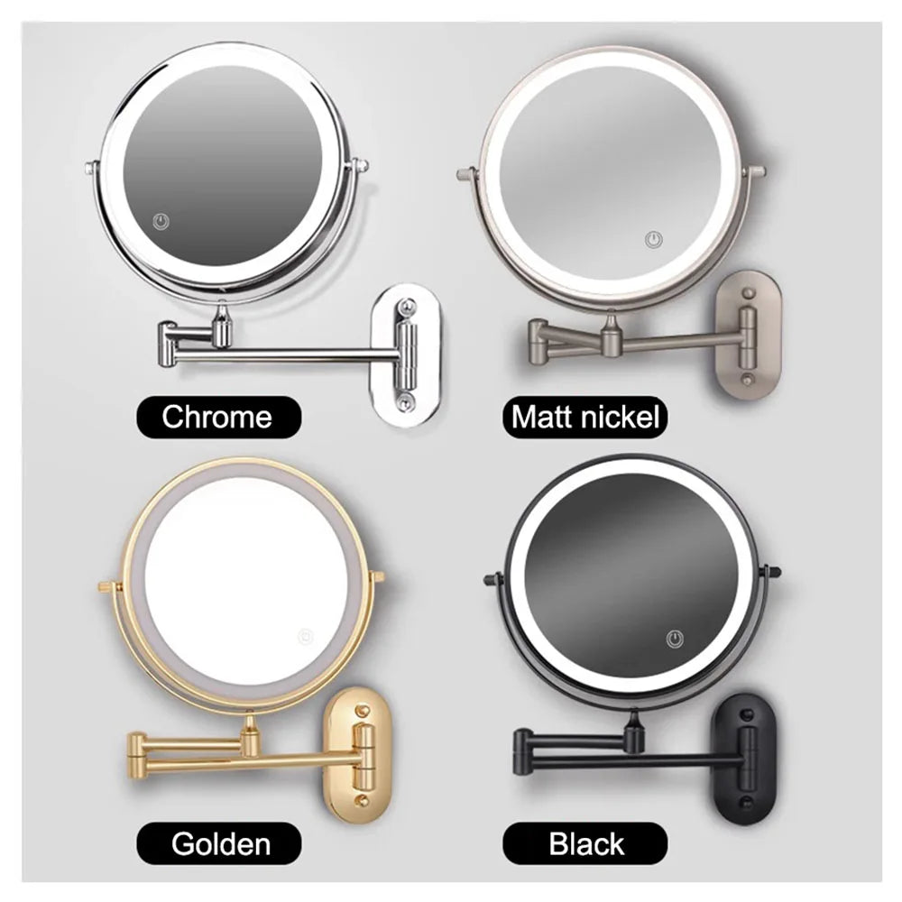 Folding Wall Makeup Mirror — Gold LED Double-Sided with Magnifying & USB Charging.